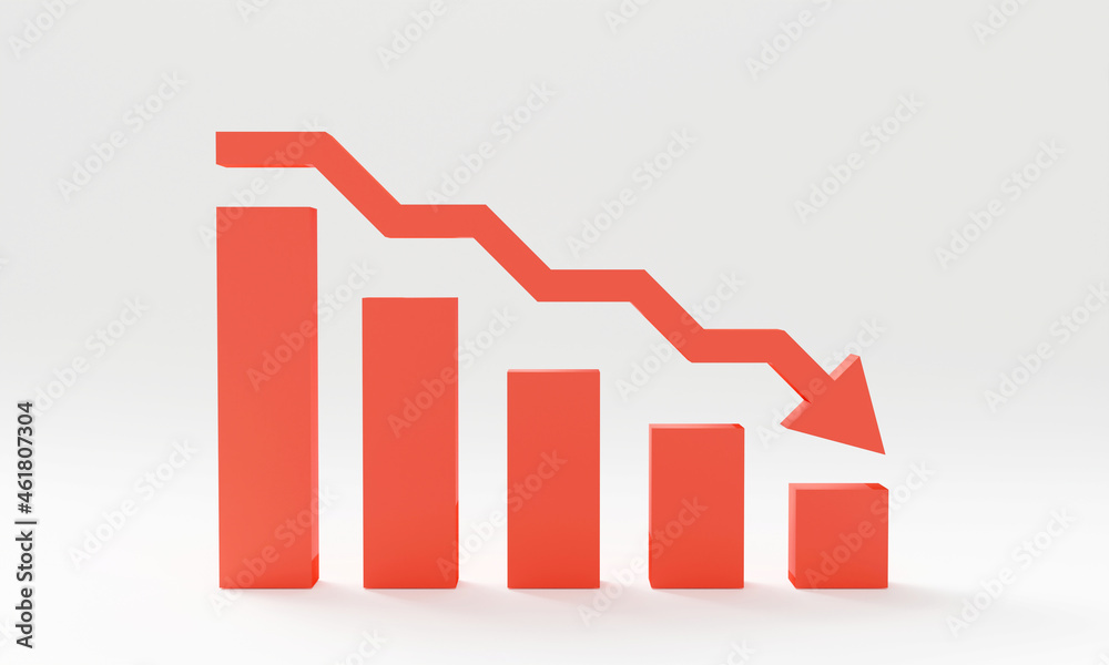 3D Red down arrow and bar graph on white background, Minimal concept trading cryptocurrency, Market investment trading, exchange, 3D rendering, isolated, financial, index, forex, drop, decline. 3D Red down arrow and bar graph on white background, Minimal concept trading cryptocurrency, Market investment trading, exchange, 3D rendering, isolated, financial, index, forex, drop, decline.