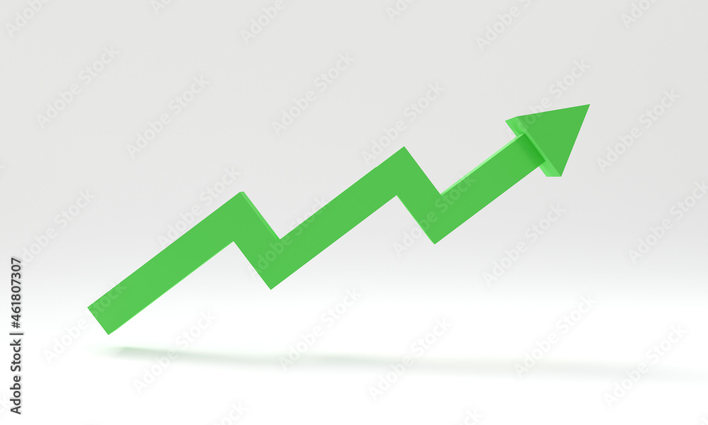 3D Green up arrow on white background. Minimal concept trading cryptocurrency, Market investment trading, exchange, 3D rendering, isolated, financial, index, forex.