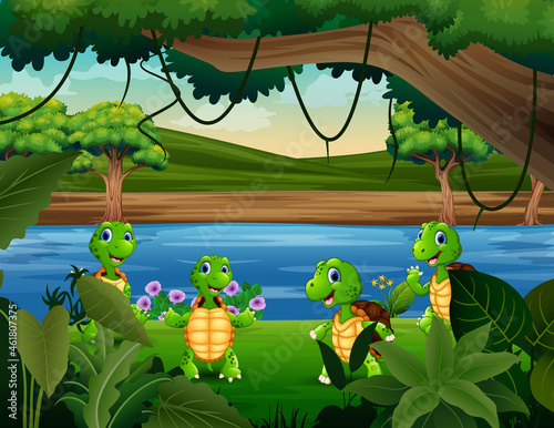 Fototapeta Naklejka Na Ścianę i Meble -  Illustration of cute four turtles playing by the river