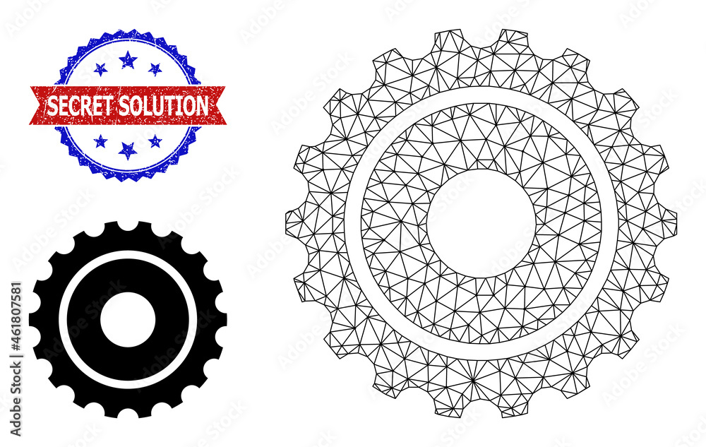 Triangular gearwheel carcass icon, and bicolor scratched Secret Solution seal. Mesh carcass image designed with gearwheel icon. Triangular gearwheel carcass icon, and bicolor scratched Secret Solution seal. Mesh carcass image designed with gearwheel icon.