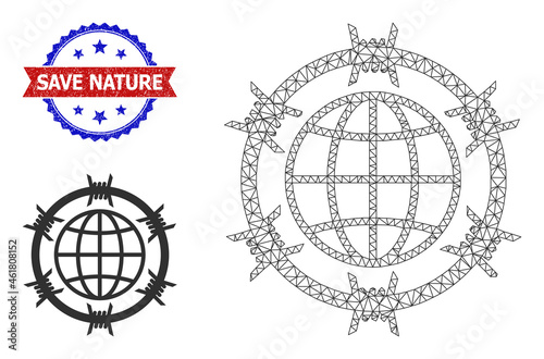 Polygonal barbed wire globe framework illustration, and bicolor grunge Save Nature watermark. Polygonal wireframe illustration based on barbed wire globe icon.