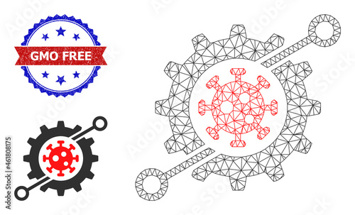 Network nanobot framework illustration, and bicolor unclean GMO Free seal stamp. Mesh wireframe illustration is created from nanobot pictogram.