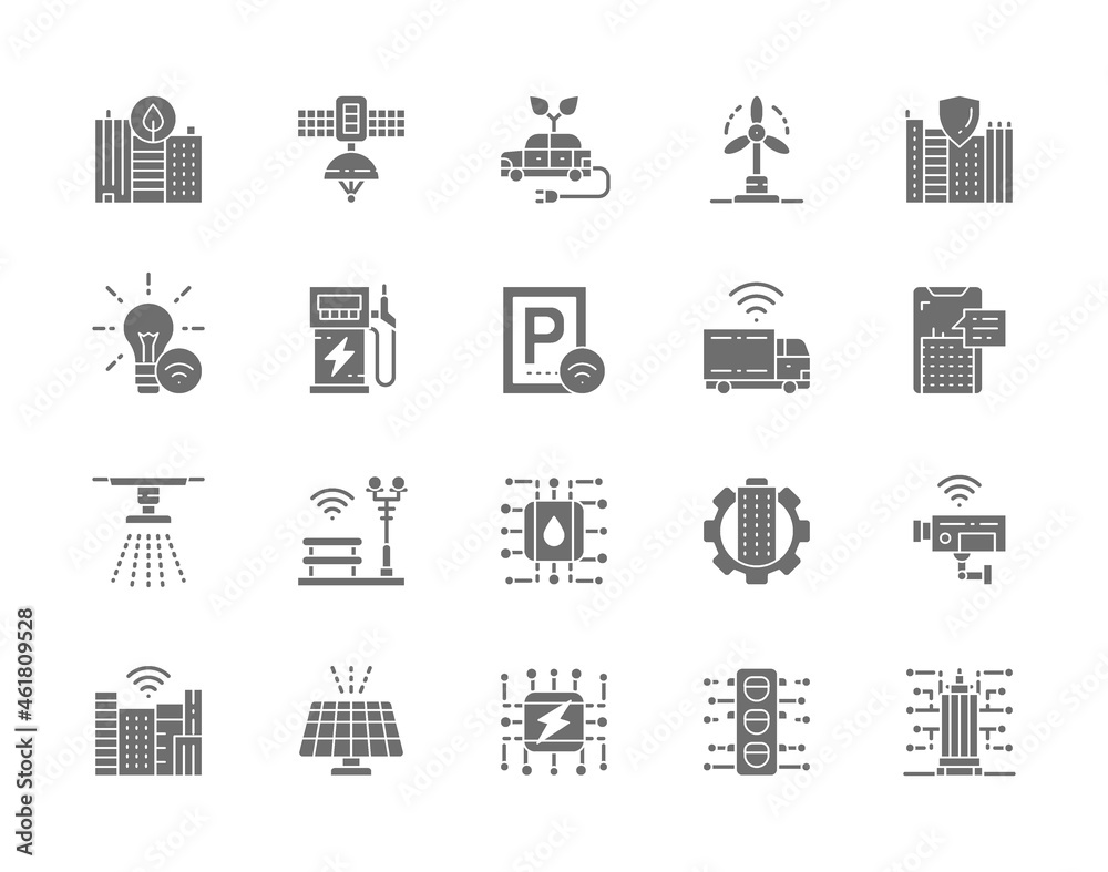 Set of Smart City Grey Icons. Clean Town, Space Satellite Station and more.
