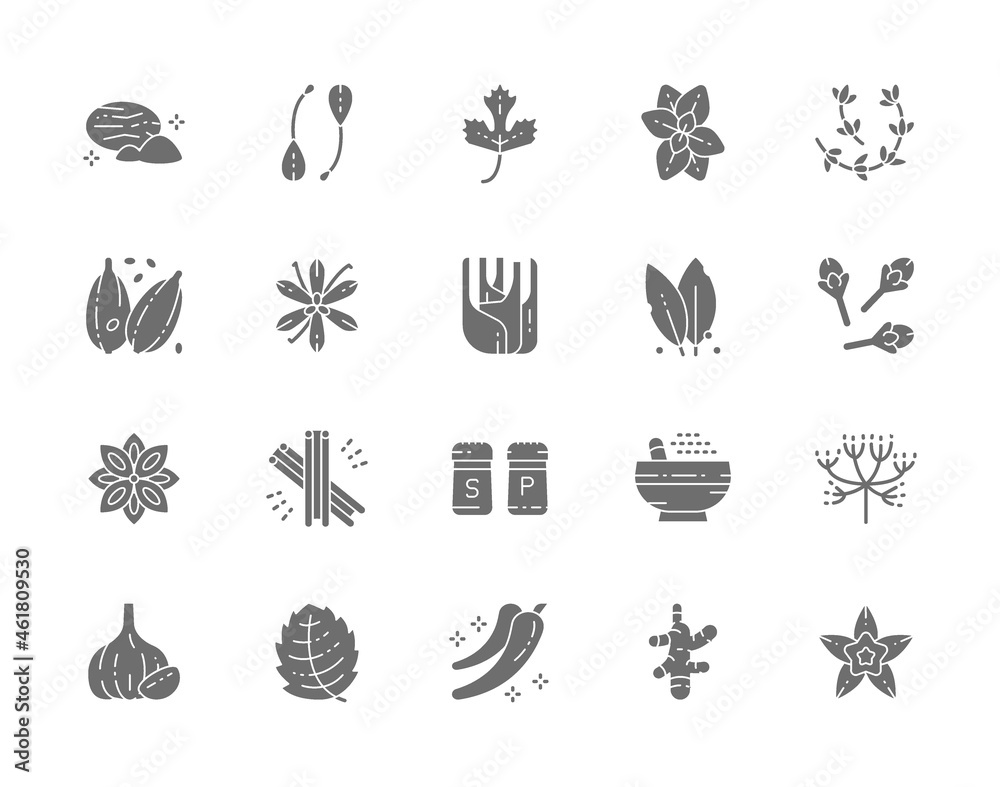 Set of Spice Grey Icons. Nutmeg, Capers, Parsley, Oregano, Cardamom and more.