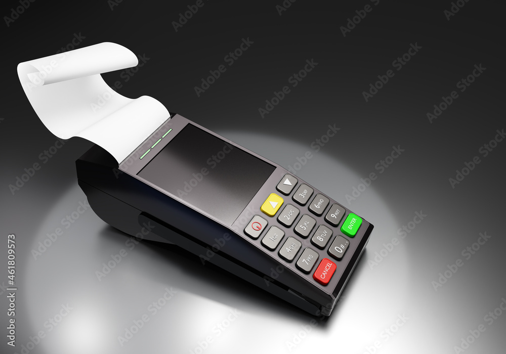Payment terminal close-up. Paper tape in payt terminal. device for pays ...