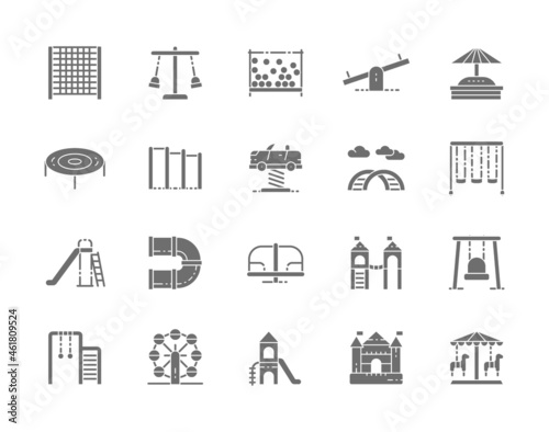 Set of Playground Grey Icons. Climbing Rope Net, Swing, Double Seesaw and more.