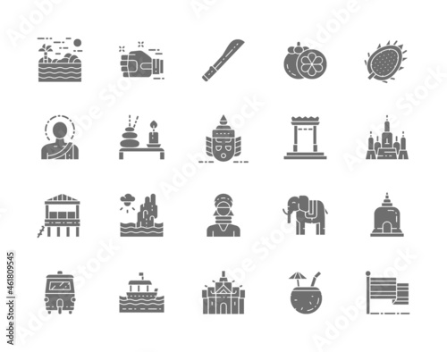 Set of Thailand Culture Grey Icons. Machete, Muay Thai, Mangosteen and more.