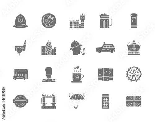 Set of English Culture Grey Icons. Traditional Postbox, Police Helmet and more.