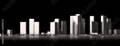 city is three-dimensional. Urban architecture. Urban planning concept. Modeling urban skyscrapers. Night city quarter. Skyscrapers are reflected in river. Skyline metropolis. 3d rendering.