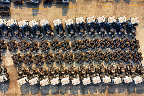 Aerial view of parked trucks in a parking lot