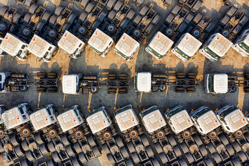 Aerial view of parked trucks in a parking lot