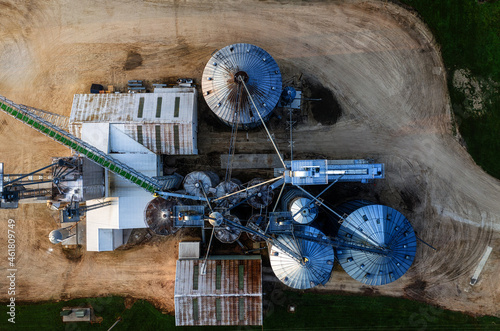 An aerial view of silos on the cornfield was used to store grain.