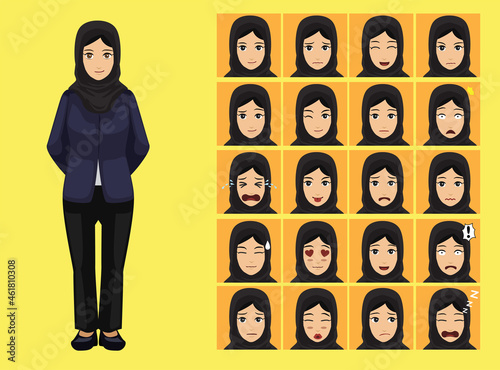 Manga Style Arab Business Woman Clothes Cartoon Character Emotion