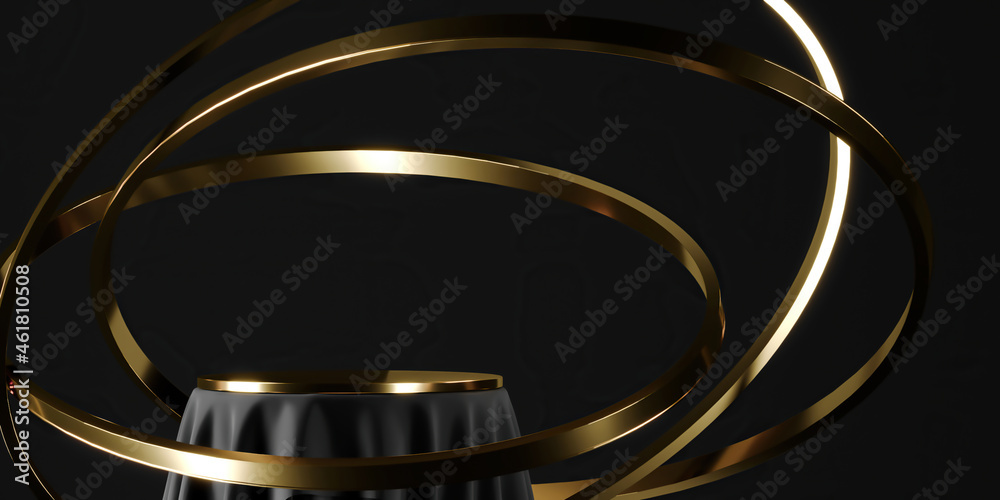 Black podium and gold top table, floating golden ring. abstract background for product presentation or ads. 3d rendering