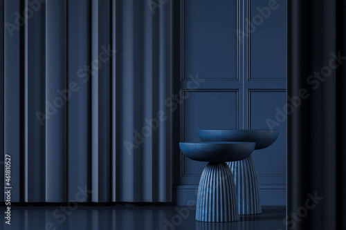 Two dark blue side table on blue classic interior mockup scene, abstract background for product or presentation. 3d rendering