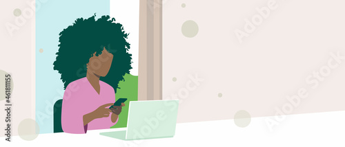 Banner template. Contact us on our whats app number. Illustration of a black woman with a phone and laptop. Copy space.