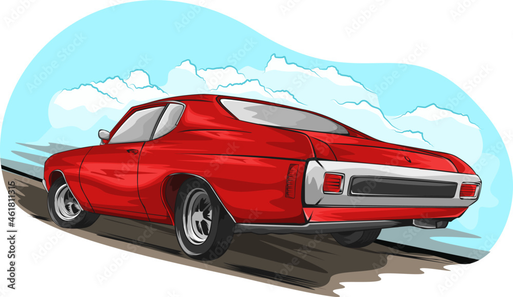 Illustration of classic red car in hand drawing style suitable for automotive and transportation label design