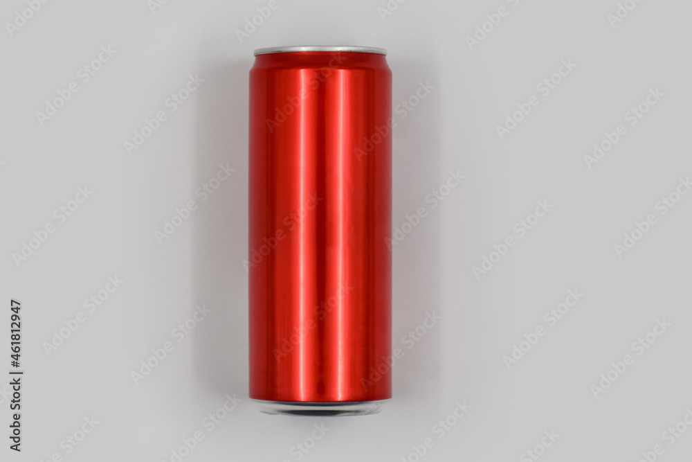 Red aluminum beverage can on white background Red aluminum beverage can on white background