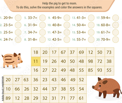  Mathematical labyrinth. To find the way, solve the examples and color the answers in the squares