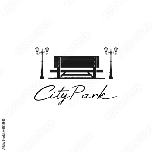 Wooden bench with two lantern lamps beside it logo design inspiration