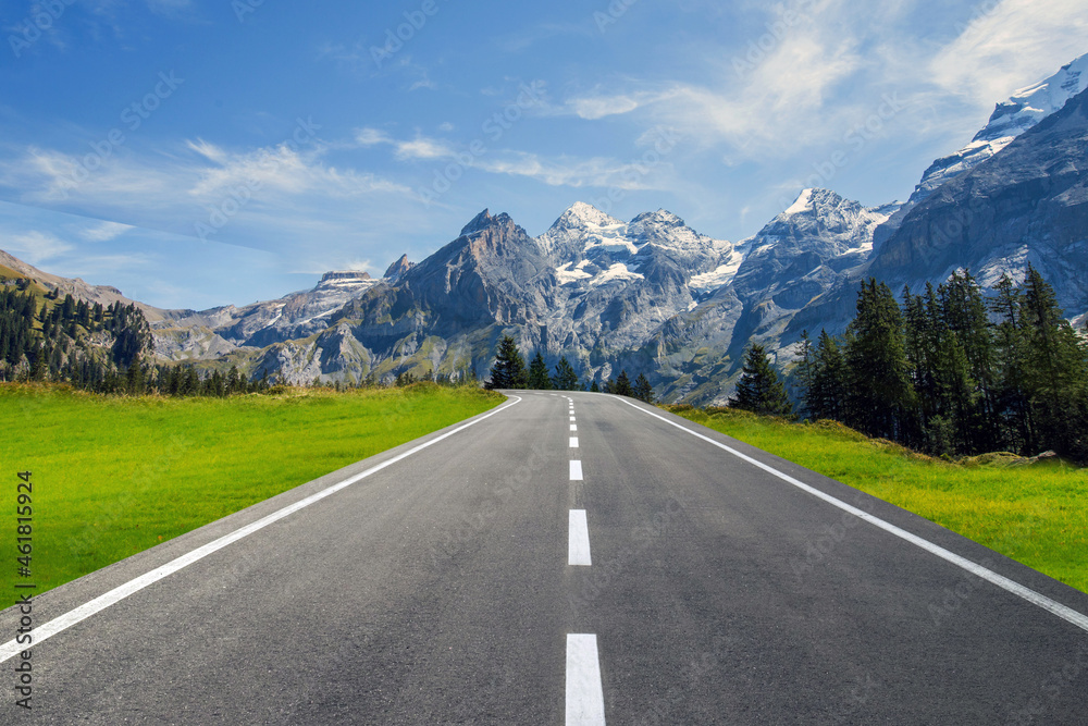 beautiful view of road and Swiss Alps background