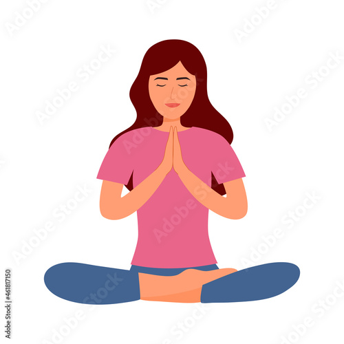 Buddhist woman praying in flat design on white background. Female meditating with relaxation mind.