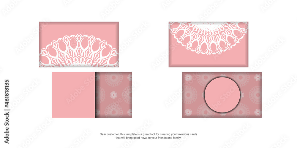 Pink business card with an abstract white pattern for your contacts.