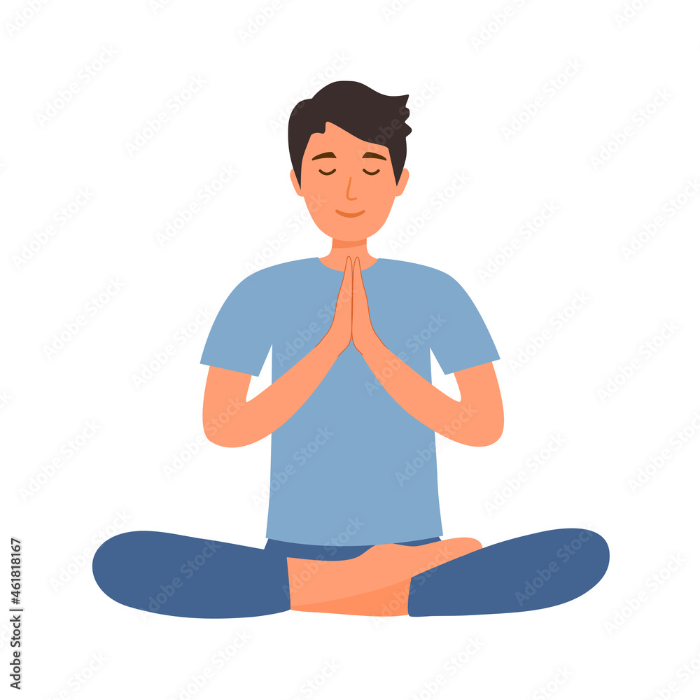 Buddhist man praying in flat design on white background. Guy meditating with relaxation mind. Buddhist man praying in flat design on white background. Guy meditating with relaxation mind.