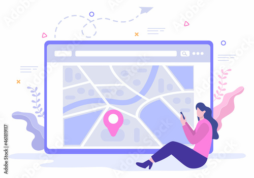 GPS Navigation Map and Compass on Location Search Application Shows the Position or Route you are Going. Background Vector Illustration