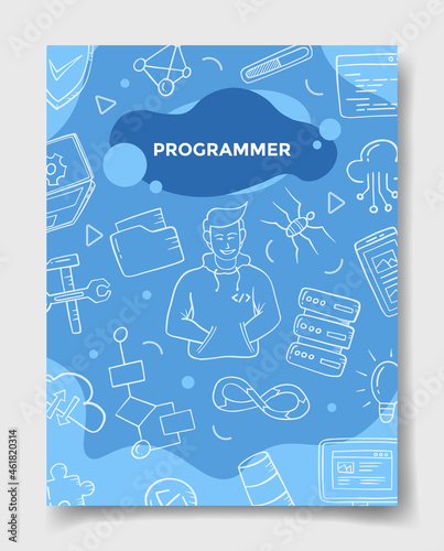 programmer jobs career or profession with doodle style for template of banners, flyer, books, and magazine cover