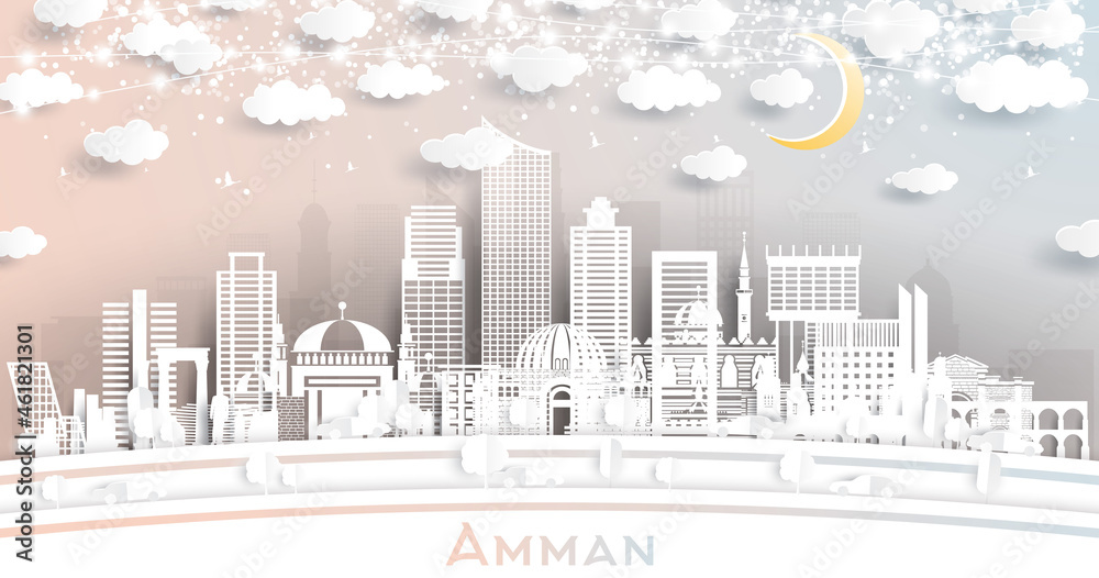 Amman Jordan City Skyline in Paper Cut Style with White Buildings, Moon and Neon Garland.