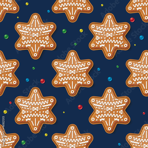 Seamless Pattern with Gingerbread Star on Blue. Christmas Cookie.