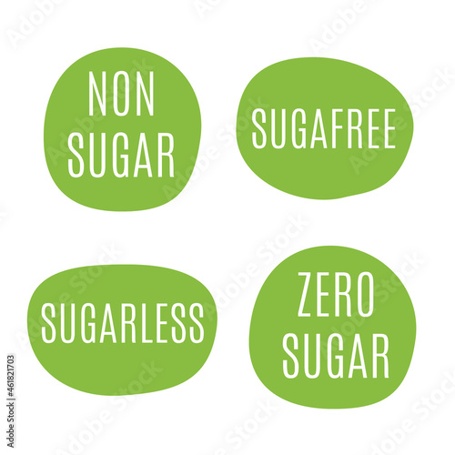 Set of speech bubbles with Non Sugar, Sugar Free, Sugarless Zero Sugar phrases. Green vector bio eco organic circle element for package, badges or tags. Free of sweetener product natural eco bio food