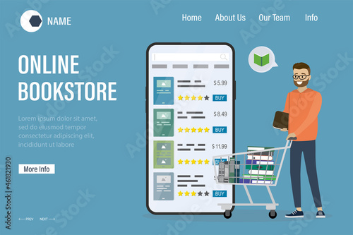 Online bookstore on smartphone, landing page template. Mobile app for buying and reading books. Male customer holds shopping trolley with books. Internet e-commerce technology. © naum