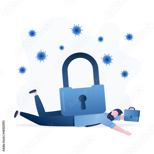 Business closing down or bankruptcy in Covid-19 pandemic lockdown crisis, unemployment and debt problem. Financial problems. Depressed businessman under heavy lock pad burden.