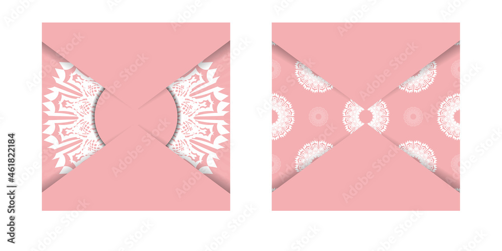 Pink greeting card with mandala white pattern for your brand.