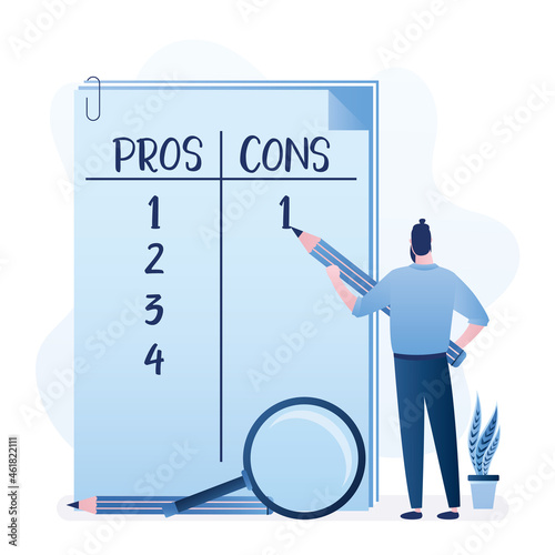Businessman with big pencil make important business decision. Huge notebook sheet Pros and Cons in columns list. Male character thinking about Advantages or Disadvantages.