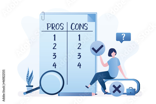 Businesswoman make important business decision. Huge notebook sheet, Pros and Cons in columns list. Female character thinking about Advantages or Disadvantages. Brainstorm.