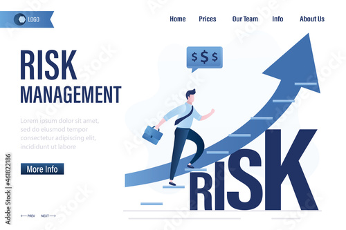 Risk management, landing page template. Confident male investor climbs on grow up stock market graph above word Risk. Trade off of risky investment asset rewarding growth return.