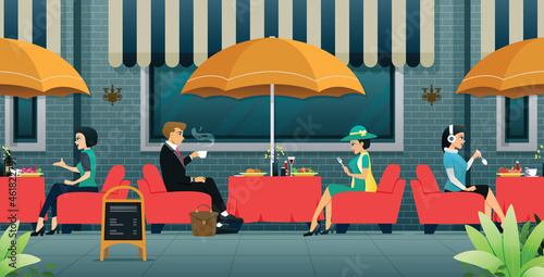 Women and men eating in an outdoor restaurant.
