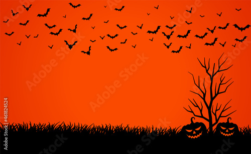 Fototapeta Naklejka Na Ścianę i Meble -  scary red sky with pumpkins and bats halloween background
