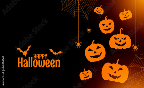 flat happy halloween card with pumpkins and spiders