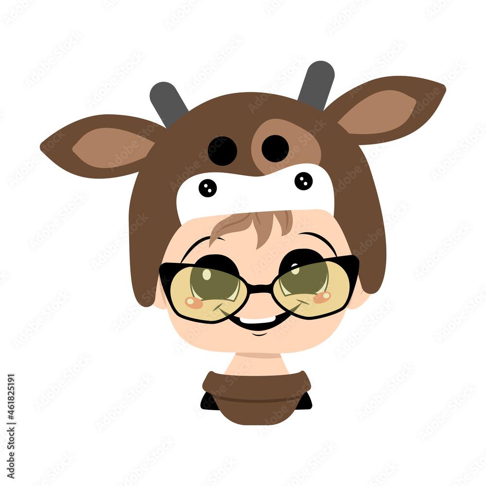 Naklejka premium Boy with big eyes, glasses and wide happy smile in a cow hat. Head of cute child with joyful face in carnival costume for holiday, Christmas or New year