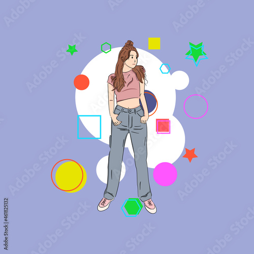 cartoon line art minimalist with colour trendy and stylish young girl flat vector illustration