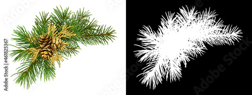 Fotografie, Obraz Christmas corner arrangement with pine twigs and golden cones isolated on white