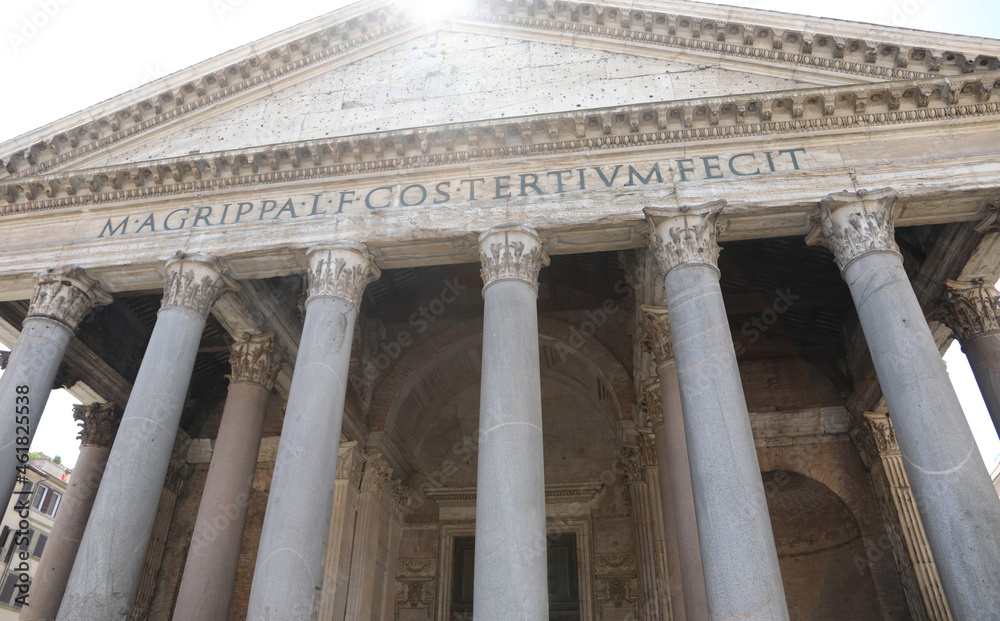 Pantheon seen from below and the Latin inscription that means Marco Agrippa, son of Lucio built it in the year of his third consulate