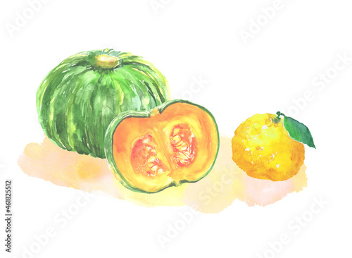 水彩絵の具で描いた冬至のかぼちゃと柚子のイラスト photo
