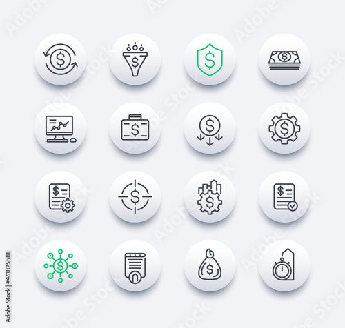 finance, financial, money management and costs optimization line icons