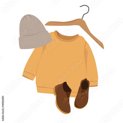 Set of cute boho baby clothes. Cartoon doodle kids clipart for baby shower invitation card, poster. Editable vector illustration. Autumn sweatshirt and boots. Gray hat.