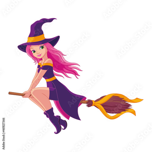 Witch flying on broom. Cartoon vector illustration